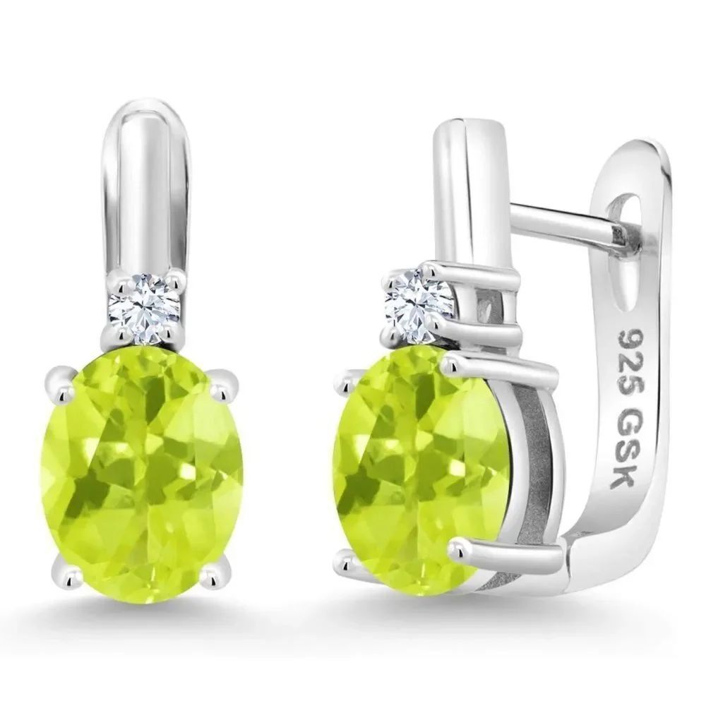 925 Sterling Silver with 3.40 Cttw Lemon Quartz and White Sapphire Oval Earrings
